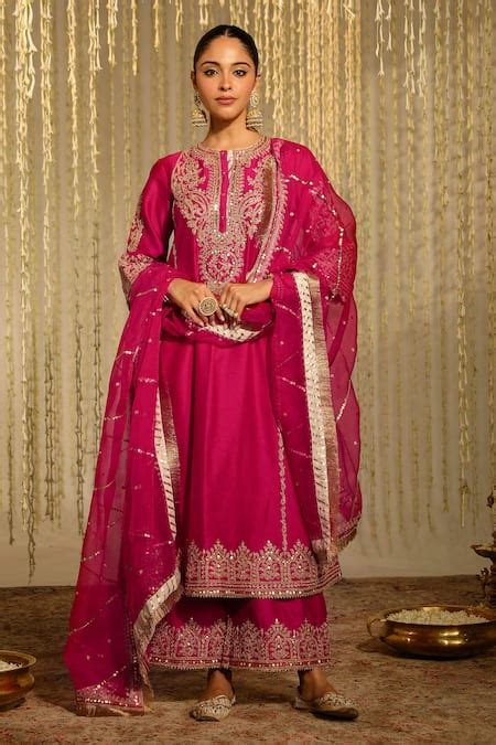 Buy Pink Kurta And Palazzo Silk Chanderi Embroidery Kiran Dori Mahika A