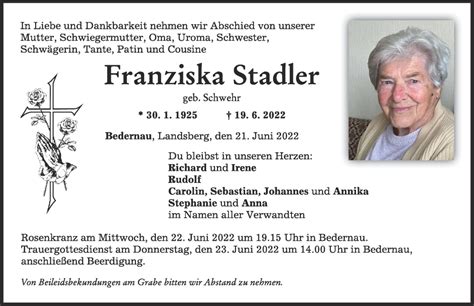 Traueranzeigen Von Franziska Stadler Allg Uer Zeitung