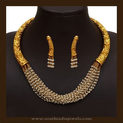 Gold Antique Designer Pearl Necklace Set South India Jewels