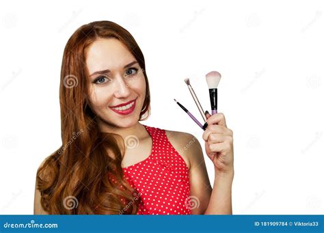 Delighted Half Naked Woman Making Fun With Makeup Brush Isolated Stock