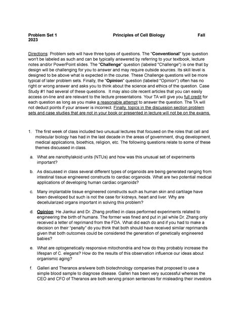 Problem Set 1 Fall 2023 Vanbuskirk Problem Set 1 Principles Of Cell