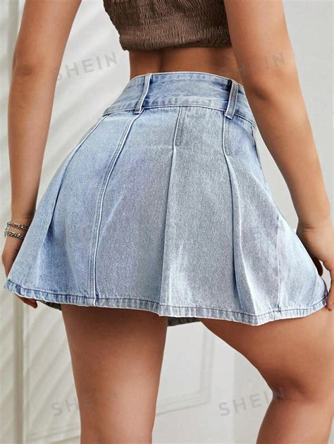 Shein Ezwear Washed Pleated Denim Skirt Shein Usa