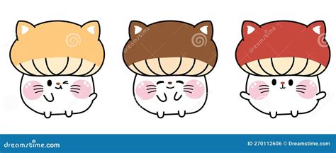 Set of Cute Cat Mushroom in Various Poses.Funny Animal Stock Vector ...