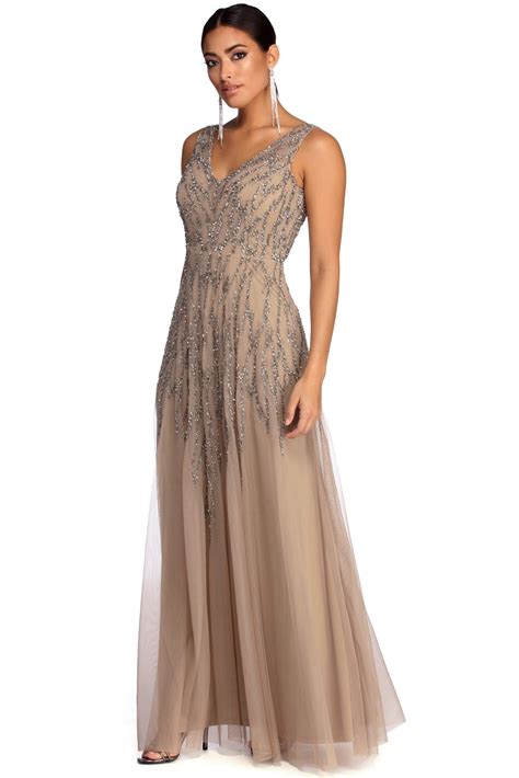 Gia Taupe Formal Sleeveless Beaded Dress Beaded Formal Dress Dresses