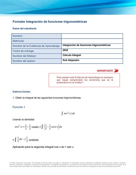 Integrcion de funciones trigonometricas Formato Integración de