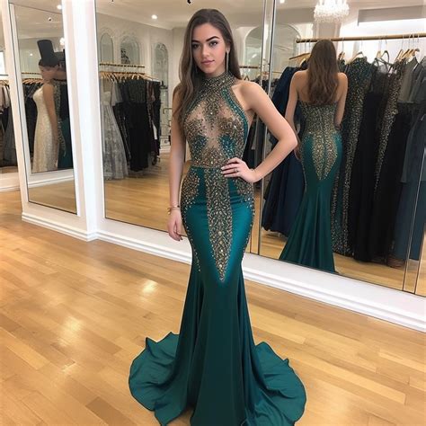 Daisda Dark Green Halter Sleeveless Mermaid Sequins Beading Prom Dress