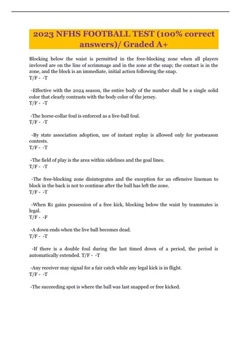 Nfhs Football Test Correct Answers Graded A Nfhs