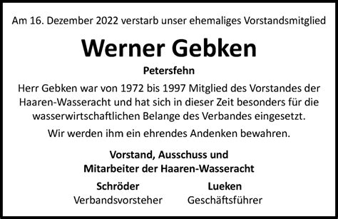 Traueranzeigen Von Werner Gebken Nordwest Trauer De