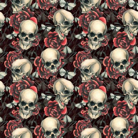 Human Skulls With Red Roses And Night Moths Hand Drawn Watercolor Illustration Seamless