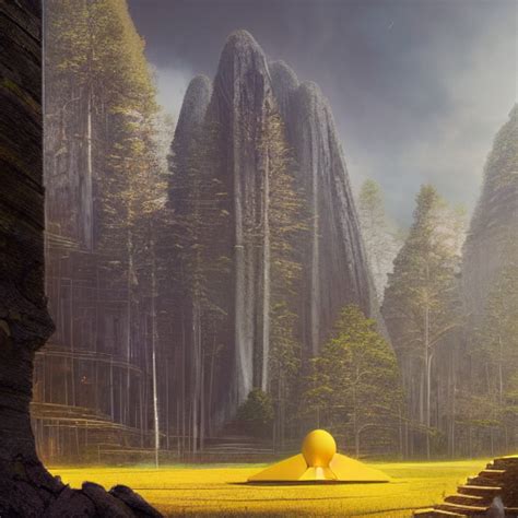 Krea Ai Futuristic Yellow Temple Between Hills With Big Tr