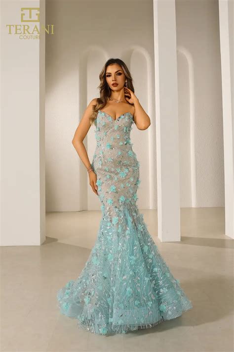 251p4379 Sweetheart Strapless Aqua Trumpet Tulle Dress