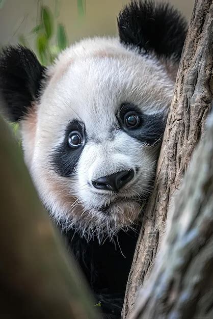 Premium Photo A Panda Bear Is Peeking Out From Behind A Tree