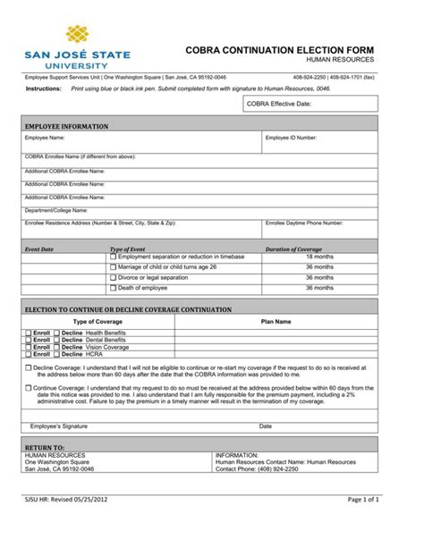 Cobra Continuation Election Form Human Resources