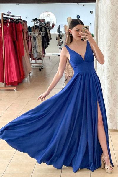 A Line V Neck Royal Blue Satin Long Prom Dress With High Slit V Neck