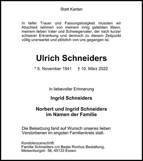 Traueranzeigen Von Ulrich Schneiders Trauer In Nrw De