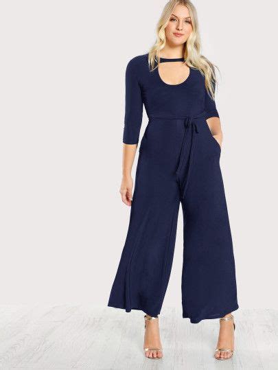 Shein Plus Double Keyhole Self Belted Palazzo Jumpsuit Black Jumpsuit