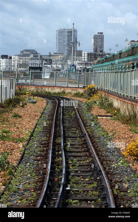 Empty Rail Tracks For The Volks Railway Running Along Brighton Seafront