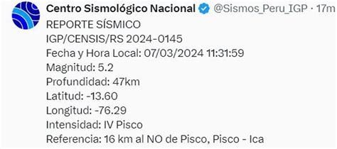 Temblor En Ica Sismo De 5 2 Se Sintió En Pisco Paracas Y Varios