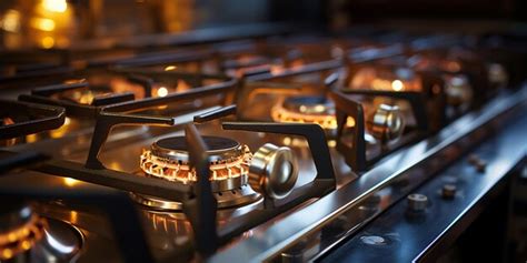 Premium Ai Image Flames Burn On A Gas Stove In A Kitchen With A Dark Background Generative Ai