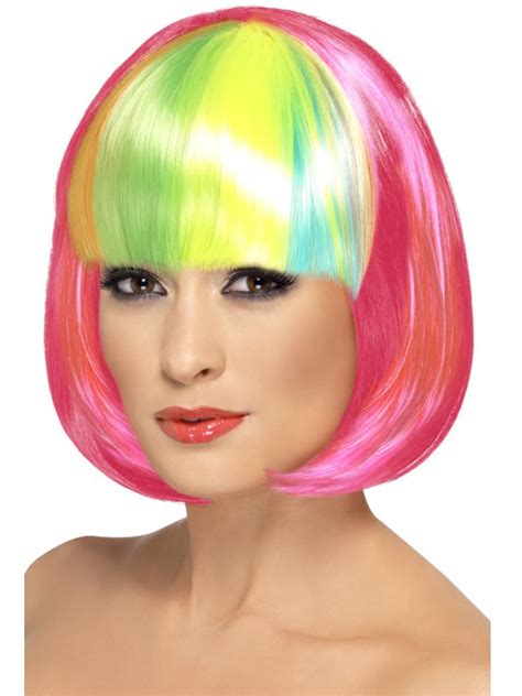 Smiffys Costumes Womens Partyrama Neon Pink Short Bob With Rainbow Fringe Wig Costume