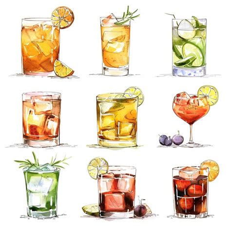 Un Dibujo De Diferentes Bebidas Incluidos C Cteles C Cteles Y Frutas