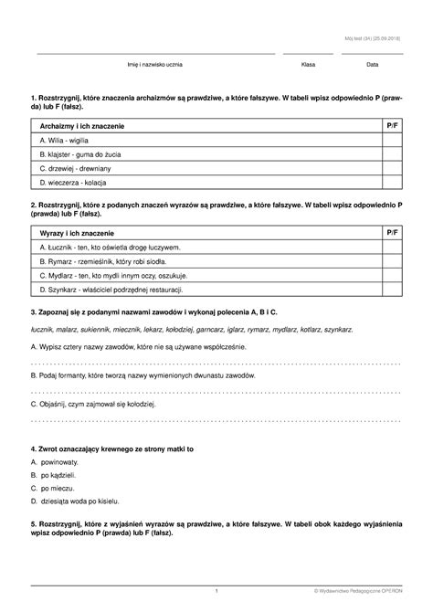 Język polski archaizmy test Mój test 34 25 09 Imi e i nazwisko