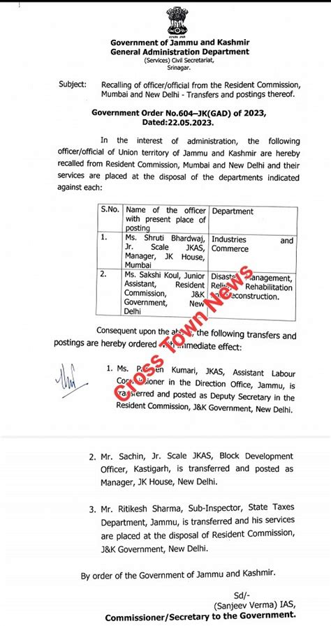 J K Govt Orders Transfers And Postings Of JKAS Officers Cross Town