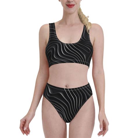 Logiee Abstract Black And White Waves Print Women S Piece Bikini Set