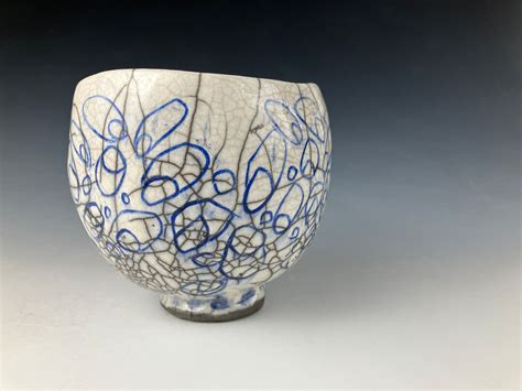 Ceramic Raku Bowl Clear Crackle Raku Glaze With Blue Underglaze