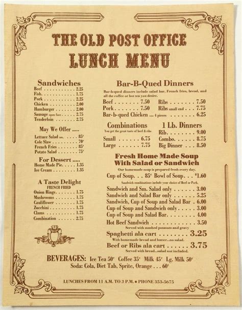 Vintage Lunch Menu The Old Post Office Restaurant Ephraim Wisconsin