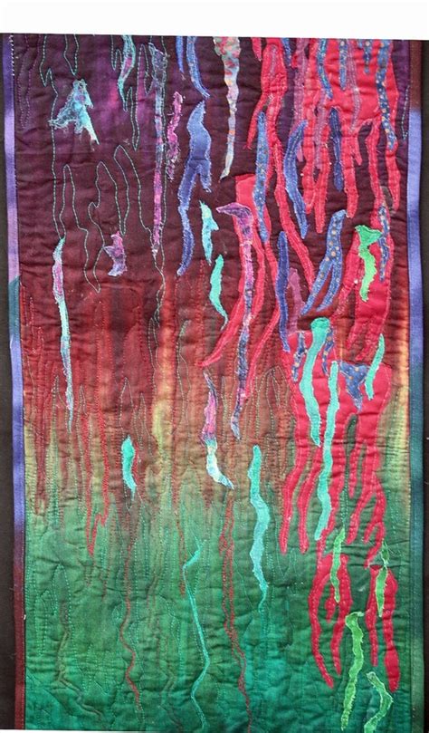 Abstract Fiber Art Quilt Appliqued In Green Purple Blue