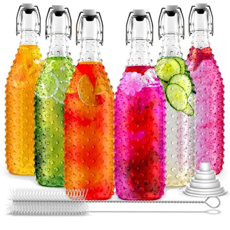 Nevlers 6 Pack 33 Oz Speckled Round Glass Bottles With Swing Top Stoppers Bottle Brush And