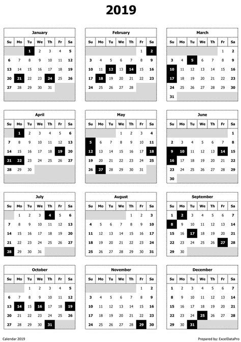 2019 Calendar Excel Templates Printable Pdfs And Images Exceldatapro