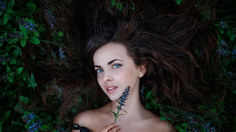 Wallpaper Face Forest Women Model Flowers Long Hair Blue Eyes Brunette Green Georgy