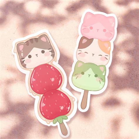 Cute Cat Dango And Tanghulu Strawberry Stickers Kawaii Food Vinyl