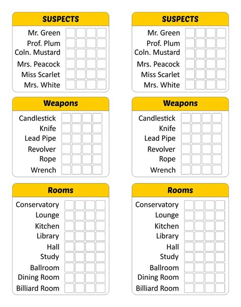 Board Game Clue Sheets Printable | Clue games, Clue board game, Clue