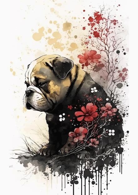 Linda Ilustra O Em Aquarela De Cachorro Pug Para P Steres Vetor Premium