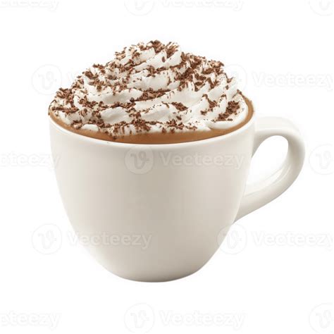 White Mug Of Hot Chocolate Topped With Whipped Cream And Chocolate
