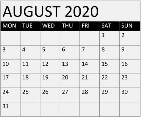 August Calendar Fillable Template