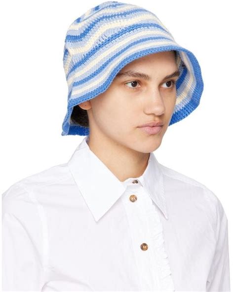 Ganni Blue Off White Embroidered Bucket Hat Lyst