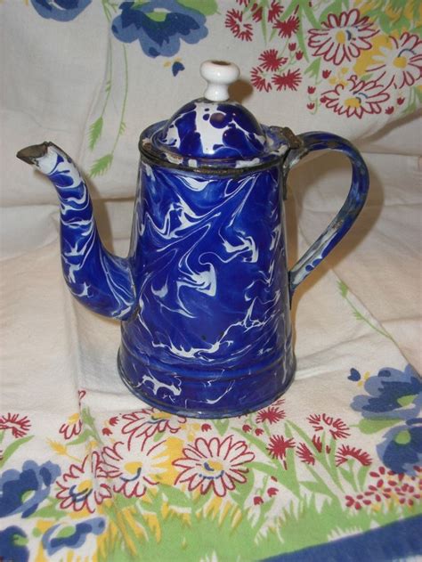 Vintage Cobalt Blue Swirl Granite Ware Coffee Pot