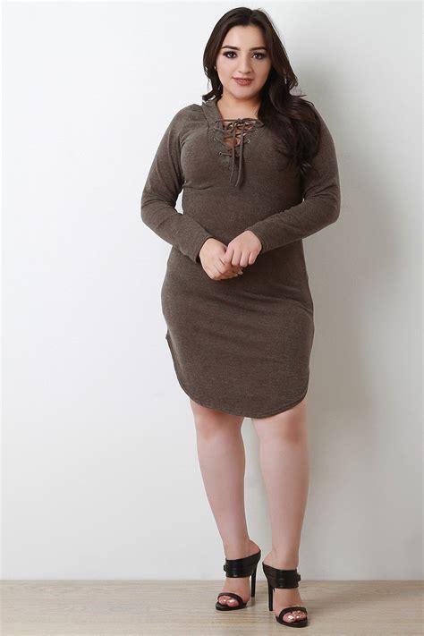 Plus Size Lace Up Round Hem Sweater Dress Sweater Dress Plus Size