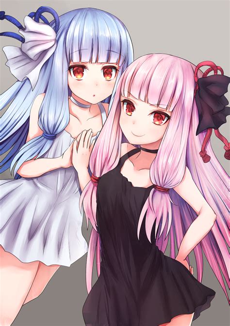 Safebooru 2girls O Bangs Bare Arms Bare Shoulders Black Dress Blue