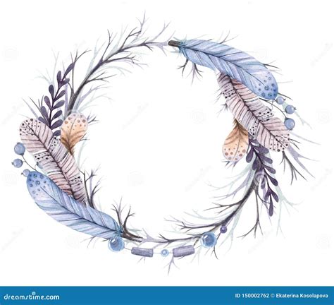 Watercolor Illustration Wreath Branches And Feathers Stock Illustration