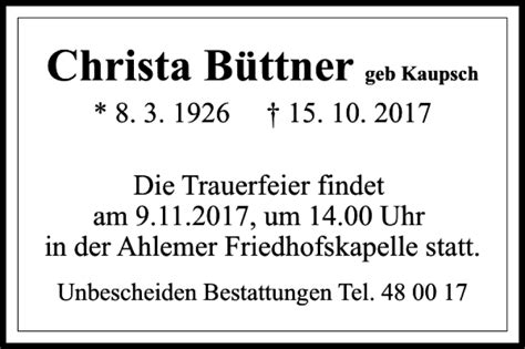 Traueranzeigen von Christa Büttner trauer anzeigen de