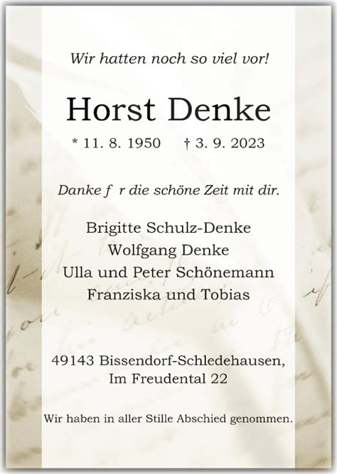 Traueranzeigen Von Horst Denke Noz Trauerportal