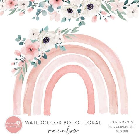 Boho Rainbow Floral Watercolor Clipart Set Flowers Boho Etsy Floral