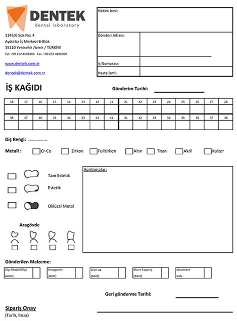 Sipari Formu Dentek Di Protez Laboratuvar