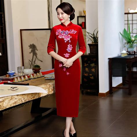 Fashion Winter Cheongsam Long Purple Velvet Printing Qipao Mom Wedding