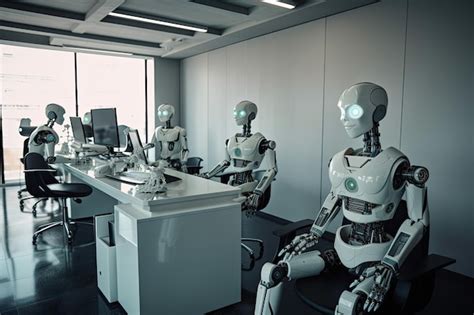 Premium AI Image | Group of robots working in the office 3D Rendering Robots replacing humans in ...